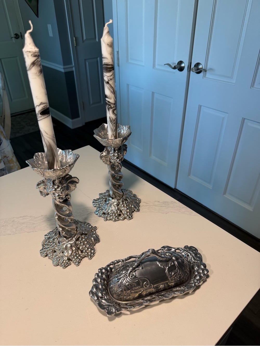 Arthur Court Silver Grape Motif Candle Holders with Grape Butter Dish